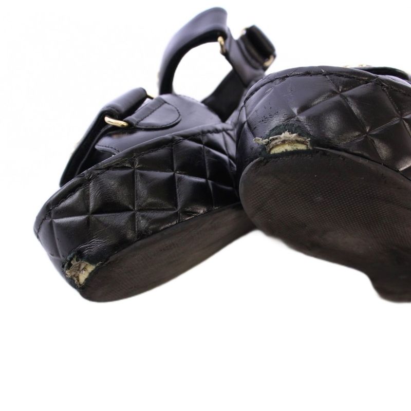 Chanel Sandals Shiny Calfskin Coco Mark Matelasse Leather 38C Black G37455 KH