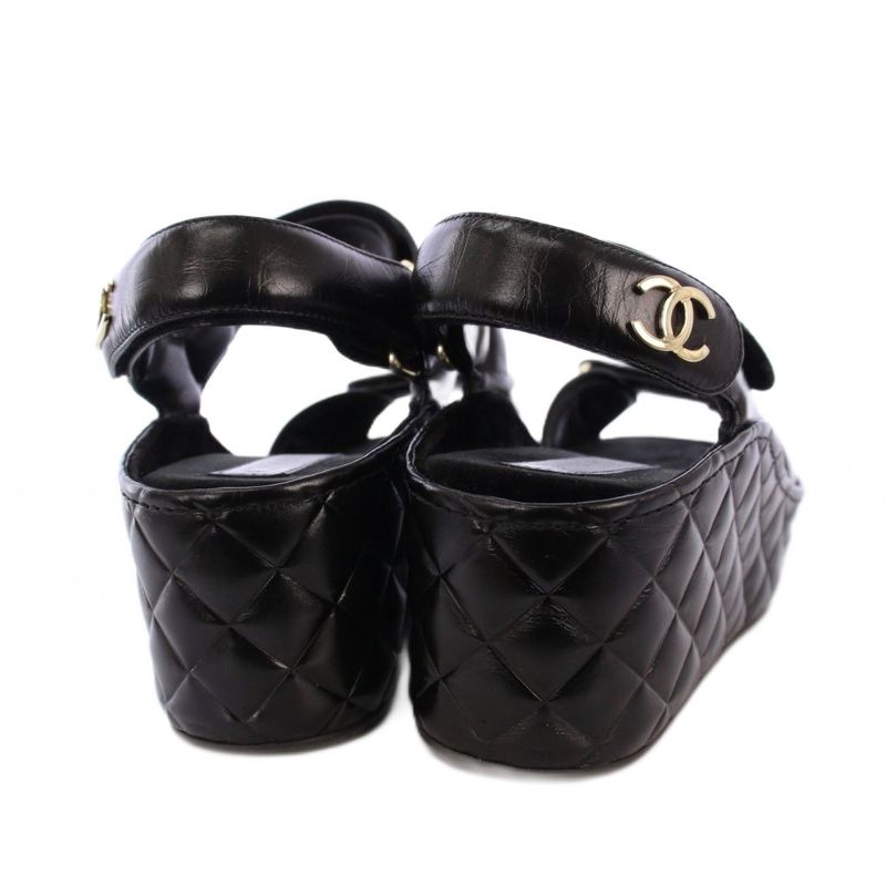 Chanel Sandals Shiny Calfskin Coco Mark Matelasse Leather 38C Black G37455 KH