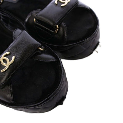 Chanel Sandals Shiny Calfskin Coco Mark Matelasse Leather 38C Black G37455 KH