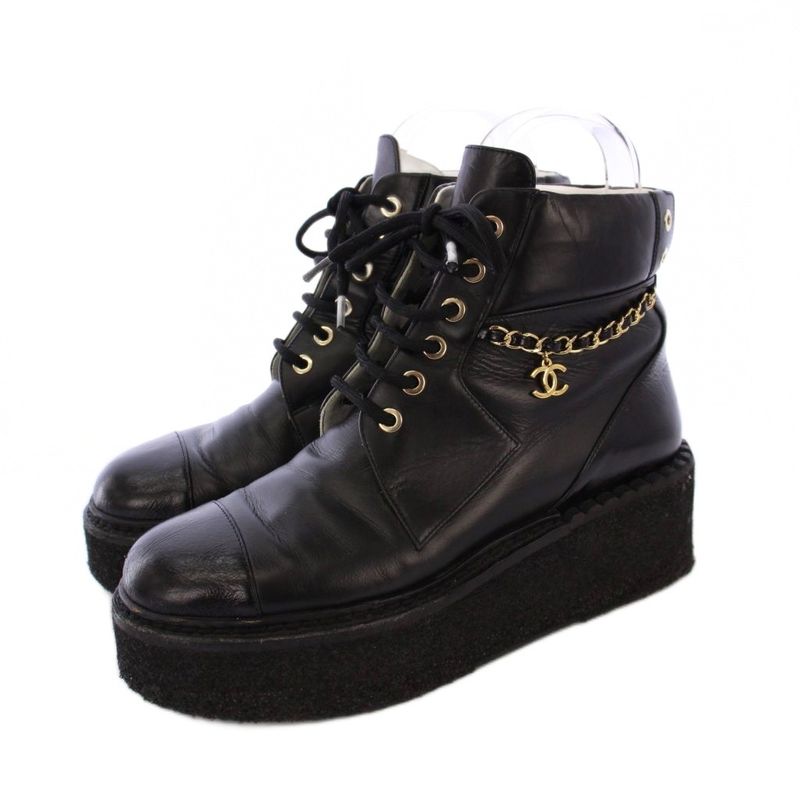Chanel Short Boots Platform Coco Mark Chain 38C Black G39332 KH