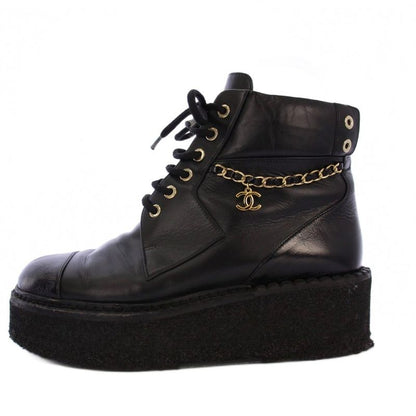 Chanel Short Boots Platform Coco Mark Chain 38C Black G39332 KH