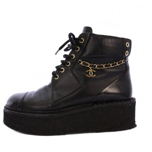 Chanel Short Boots Platform Coco Mark Chain 38C Black G39332 KH