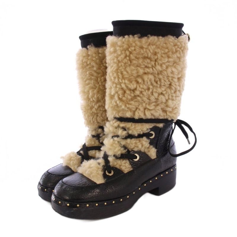 Chanel Shearling Snow Boots Mid Length Sheepskin Coco Mark 38 Black Beige