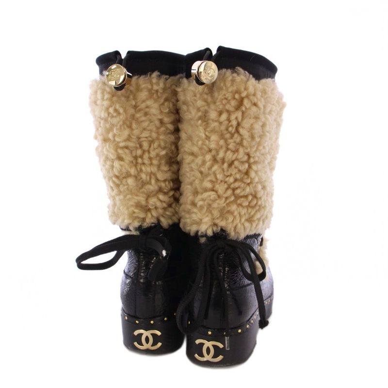 Chanel Shearling Snow Boots Mid Length Sheepskin Coco Mark 38 Black Beige