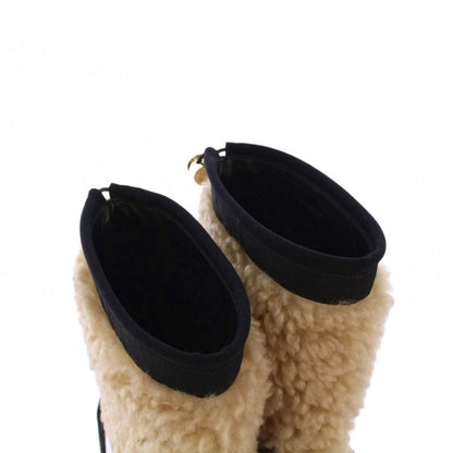 Chanel Shearling Snow Boots Mid Length Sheepskin Coco Mark 38 Black Beige