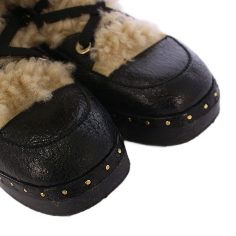 Chanel Shearling Snow Boots Mid Length Sheepskin Coco Mark 38 Black Beige