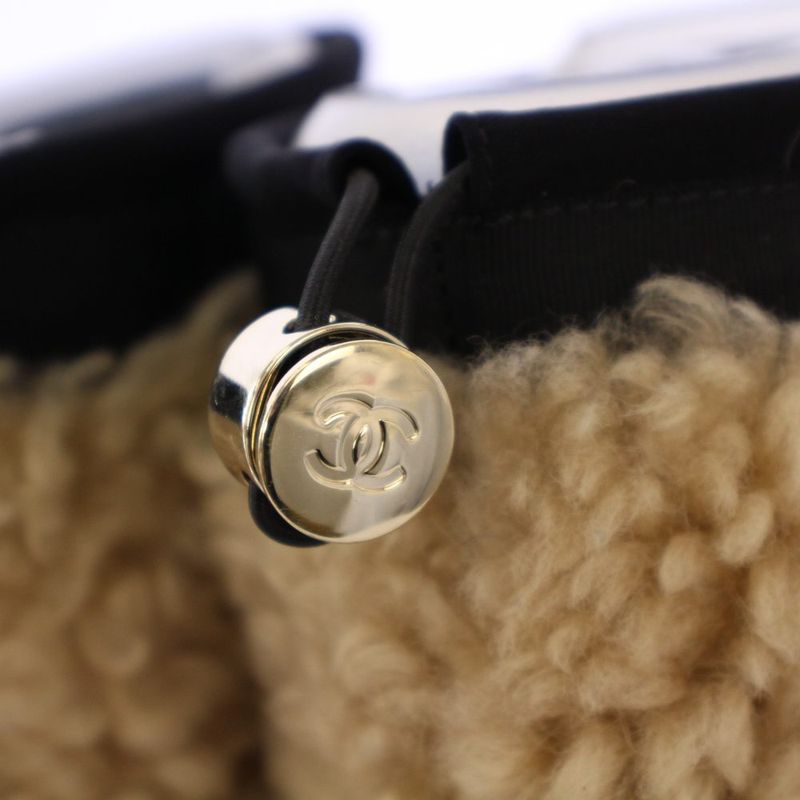 Chanel Shearling Snow Boots Mid Length Sheepskin Coco Mark 38 Black Beige
