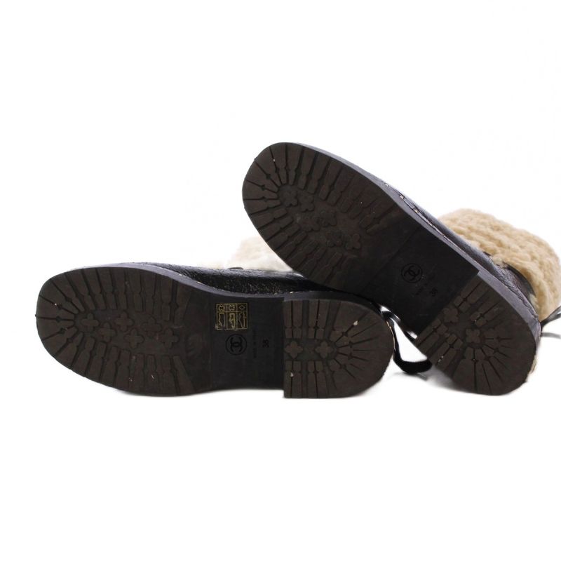 Chanel Shearling Snow Boots Mid Length Sheepskin Coco Mark 38 Black Beige