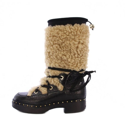 Chanel Shearling Snow Boots Mid Length Sheepskin Coco Mark 38 Black Beige