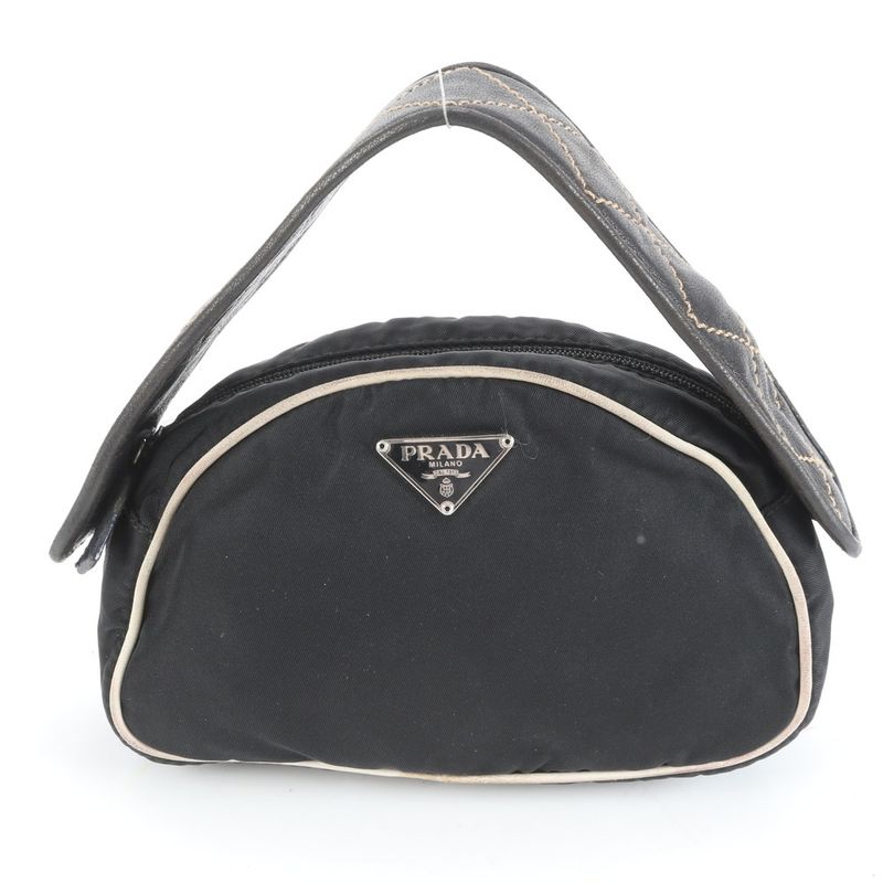 Prada Tessuto Nylon Triangle Logo Quilted Leather Handbag Tote Black Ladies Eue