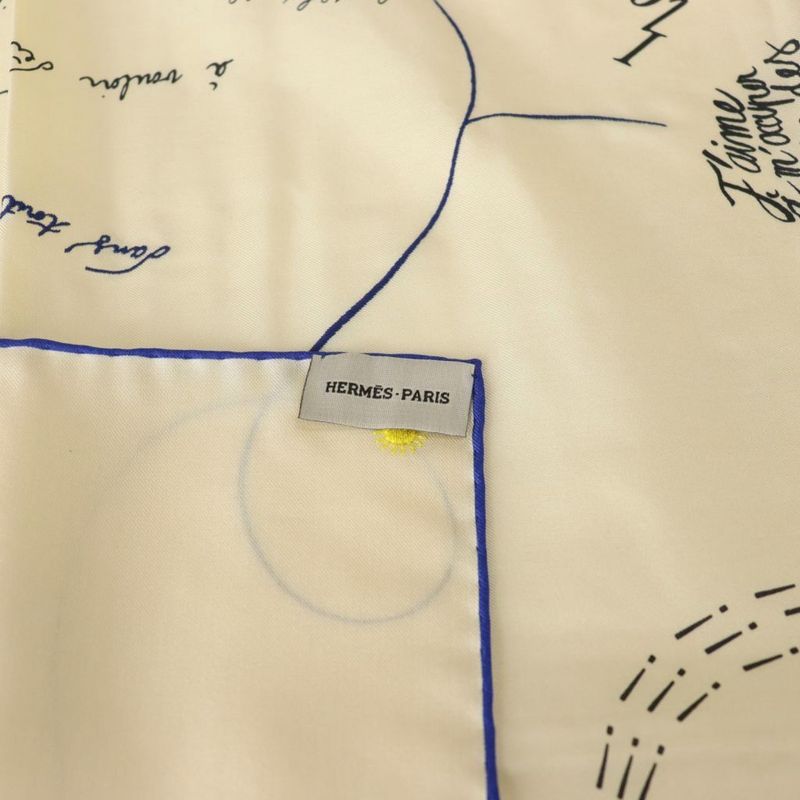 Hermes Carre 90 Carre De Notes Carre Words Embroidered Scarf Ivory Blue AQ - OS