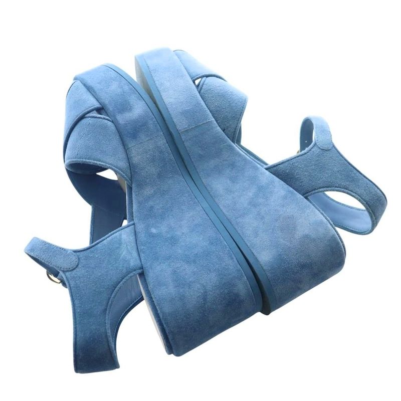 Chanel 24P Coco Mark Platform Sandals Strap Rhinestone Suede 38C Blue G45594 AQ