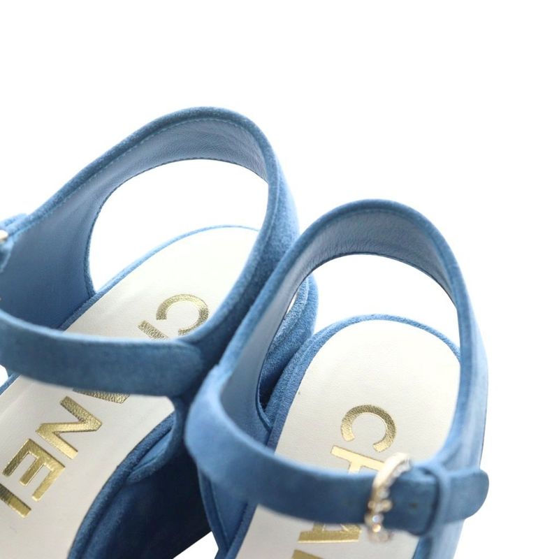 Chanel 24P Coco Mark Platform Sandals Strap Rhinestone Suede 38C Blue G45594 AQ