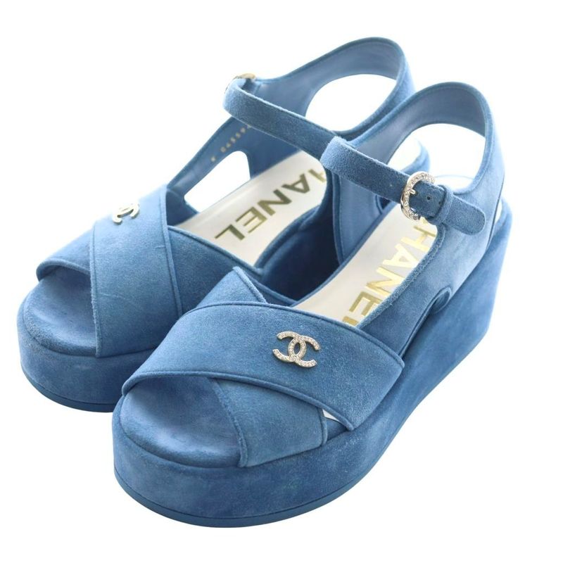 Chanel 24P Coco Mark Platform Sandals Strap Rhinestone Suede 38C Blue G45594 AQ