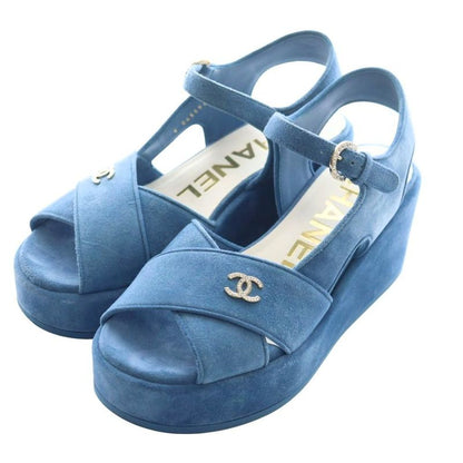 Chanel 24P Coco Mark Platform Sandals Strap Rhinestone Suede 38C Blue G45594 AQ