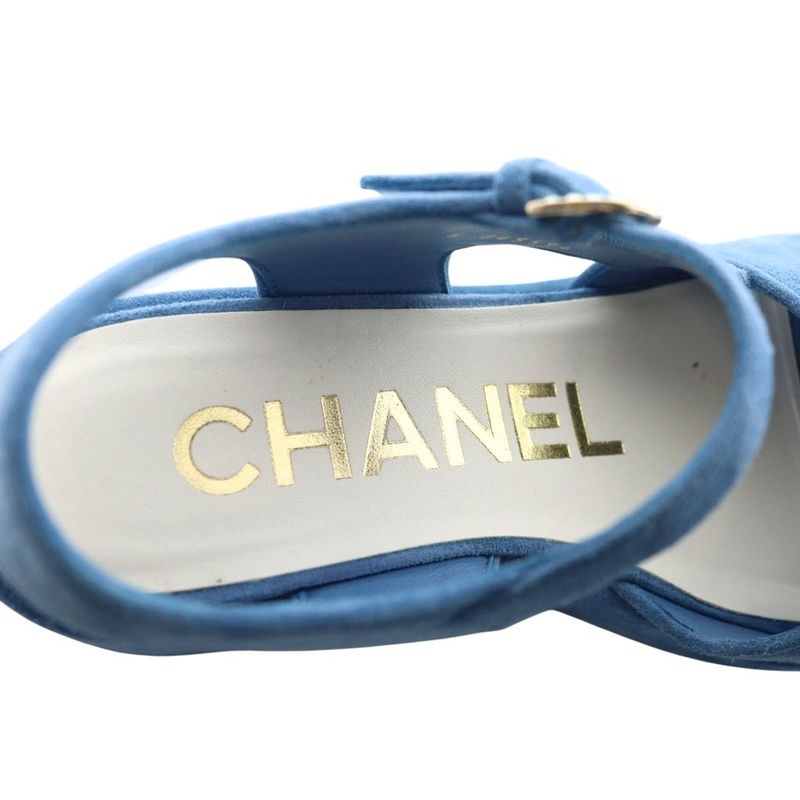 Chanel 24P Coco Mark Platform Sandals Strap Rhinestone Suede 38C Blue G45594 AQ