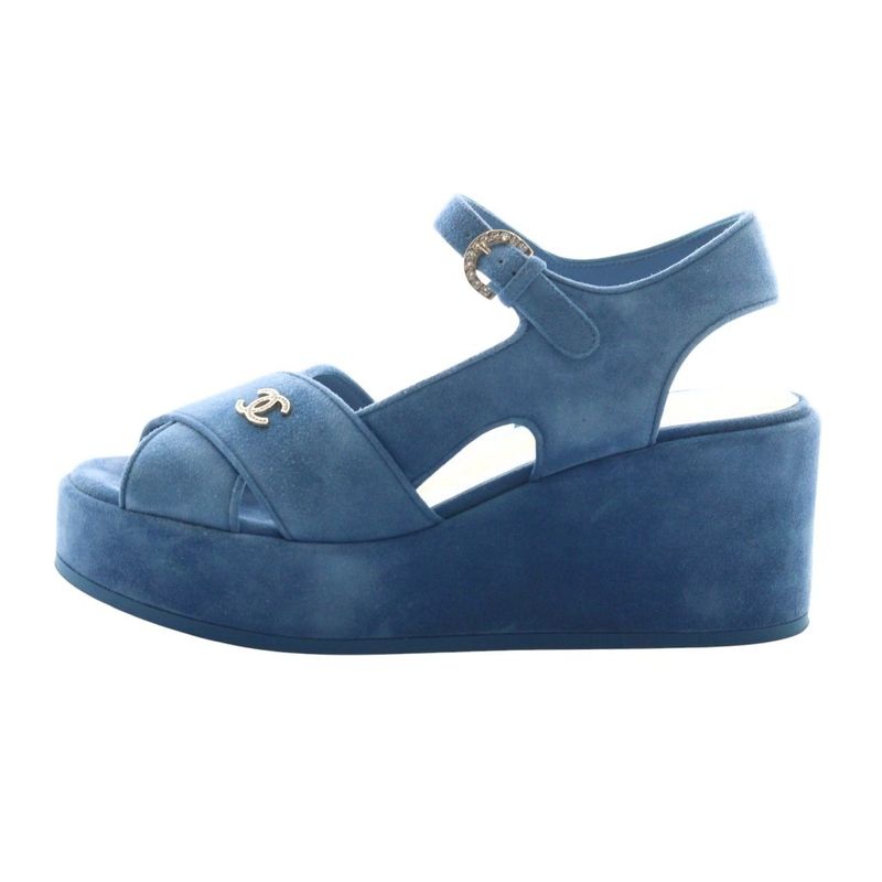Chanel 24P Coco Mark Platform Sandals Strap Rhinestone Suede 38C Blue G45594 AQ