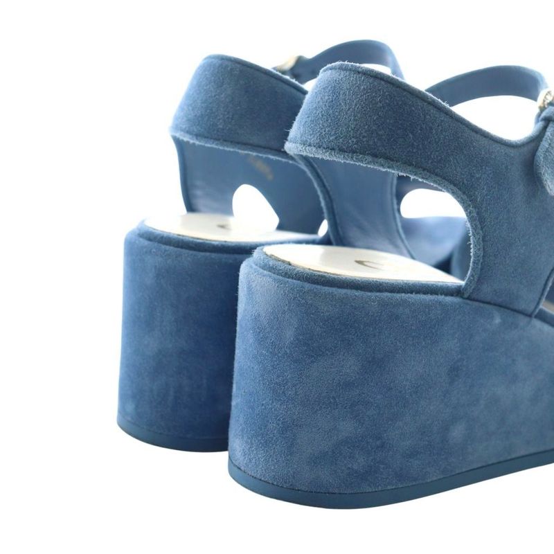 Chanel 24P Coco Mark Platform Sandals Strap Rhinestone Suede 38C Blue G45594 AQ