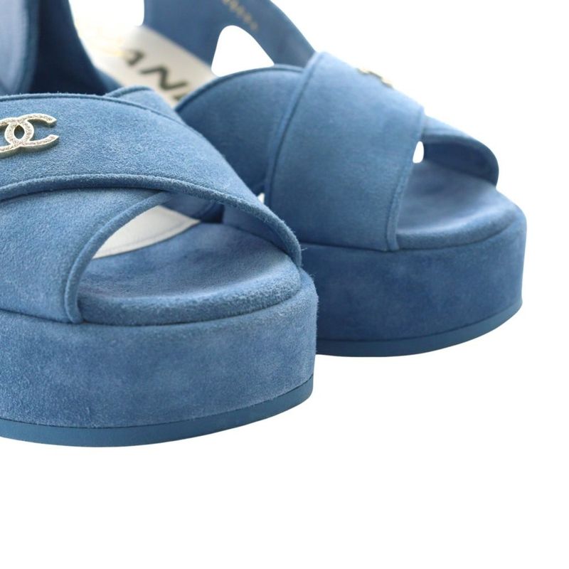 Chanel 24P Coco Mark Platform Sandals Strap Rhinestone Suede 38C Blue G45594 AQ
