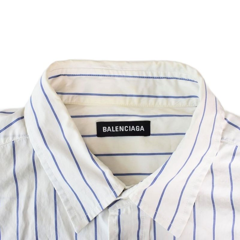 Balenciaga '18 Shirt Long Sleeves Logo Embroidery Stripes 38 White 534326 AA