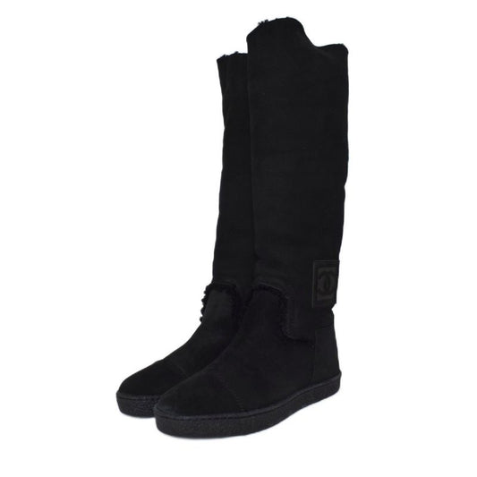 Chanel Long Boots Mouton Inner Boa Coco Mark 36.5 Black AA