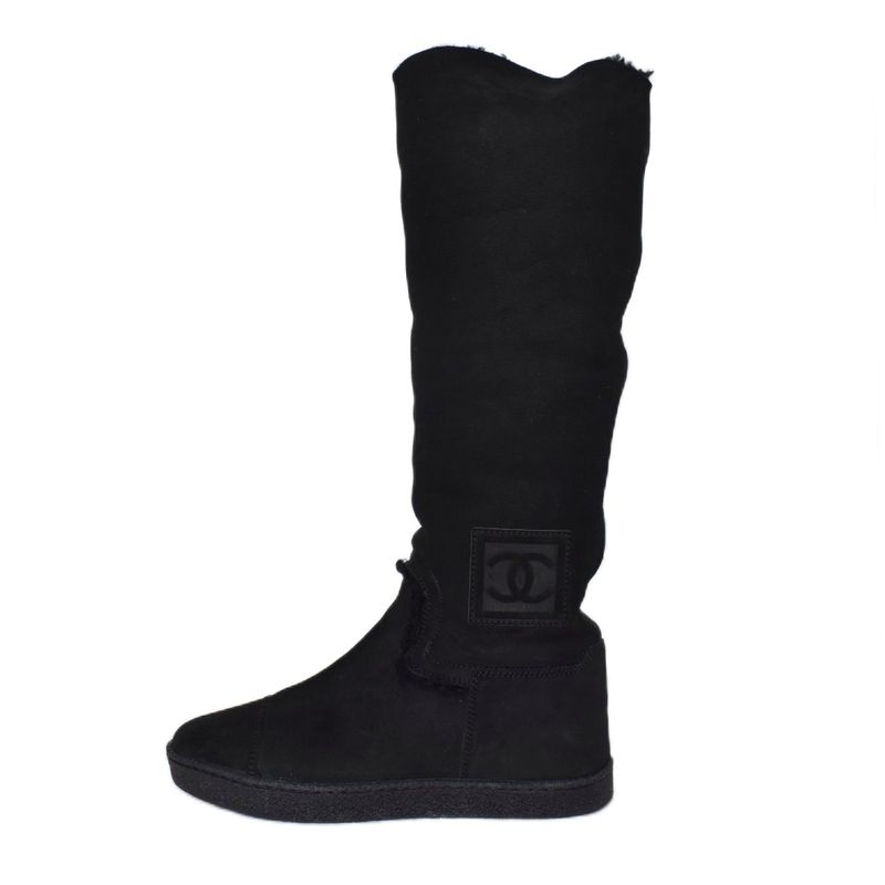 Chanel Long Boots Mouton Inner Boa Coco Mark 36.5 Black AA
