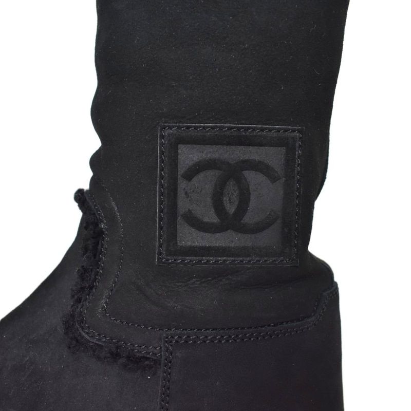 Chanel Long Boots Mouton Inner Boa Coco Mark 36.5 Black AA