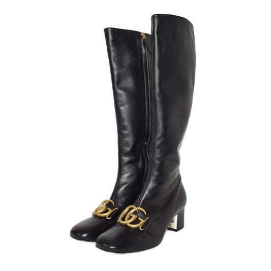 Gucci Long Boots GG Marmont Double G Leather 36.5 Black AA