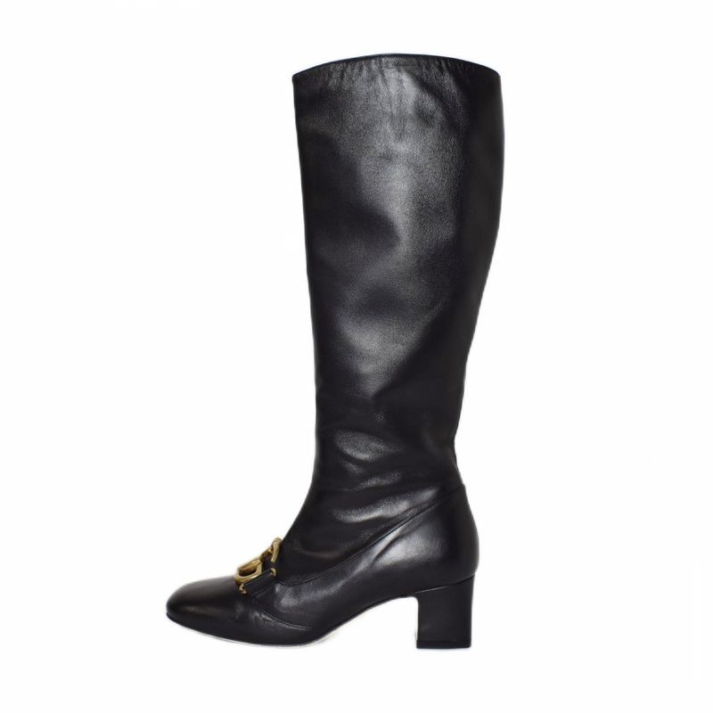 Gucci Long Boots GG Marmont Double G Leather 36.5 Black AA