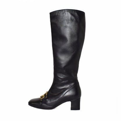 Gucci Long Boots GG Marmont Double G Leather 36.5 Black AA