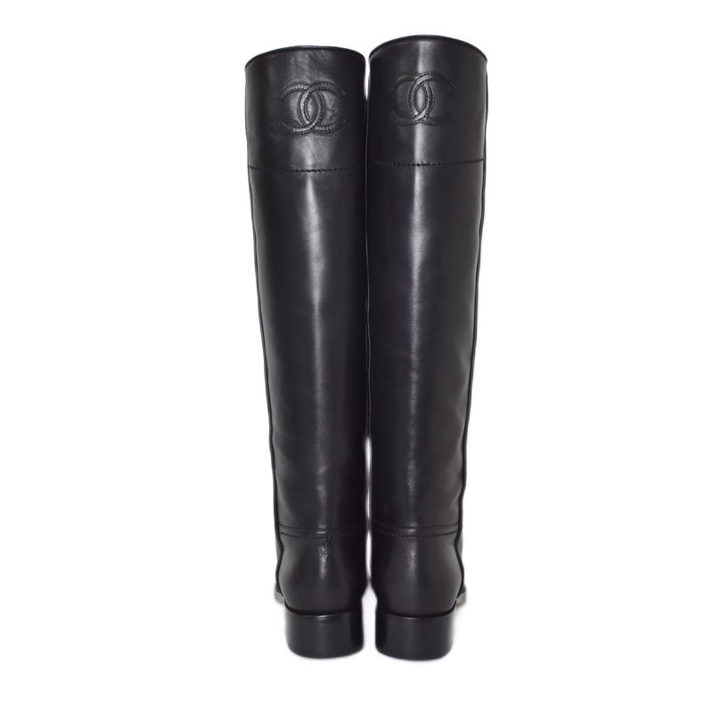 Chanel Long Boots Coco Mark Leather 36 Black AA