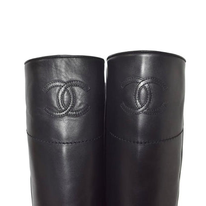 Chanel Long Boots Coco Mark Leather 36 Black AA