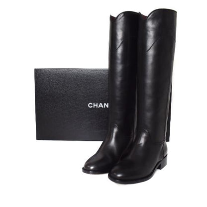 Chanel Long Boots Coco Mark Leather 36 Black AA