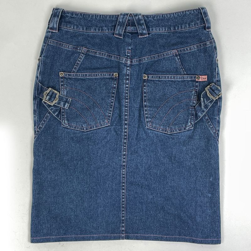 Christian Dior Logo Button Denim Skirt Tight Bottoms Skirt Cotton Elastane Blue
