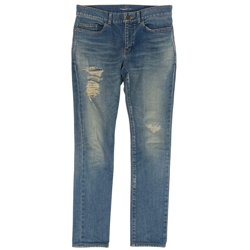 Saint Laurent Logo Button Denim Pants Damaged Skinny Jeans Bottoms Pants Cotton