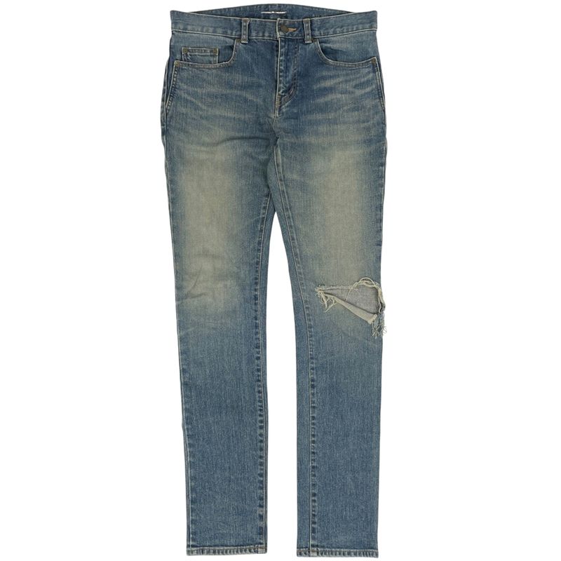 Saint Laurent Logo Button Denim Pants Crash Damage Skinny Jeans Bottoms Pants