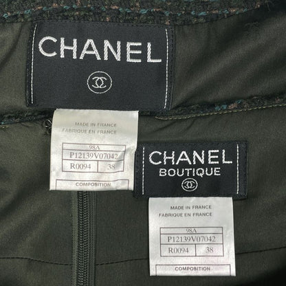 Chanel Tweed Setup Coco Mark Button No Collar 98a with Scarf Setup Skirt Suit