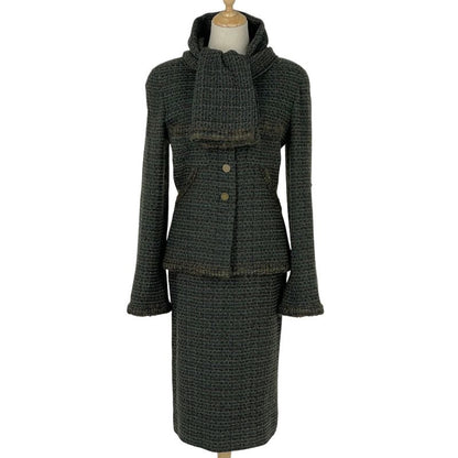 Chanel Tweed Setup Coco Mark Button No Collar 98a with Scarf Setup Skirt Suit