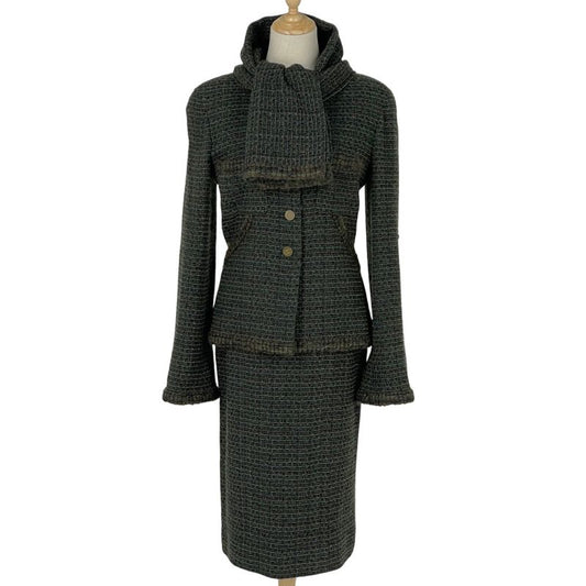 Chanel Tweed Setup Coco Mark Button No Collar 98a with Scarf Setup Skirt Suit