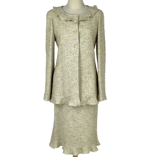 Chanel Coco Mark Button Setup Ruffle 99a Setup Skirt Suit Light Green Ladies