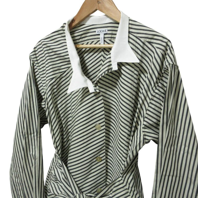 Good Loewe Striped Long Sleeve Shirt Dress 34 Gray White Ladies Preowned USED