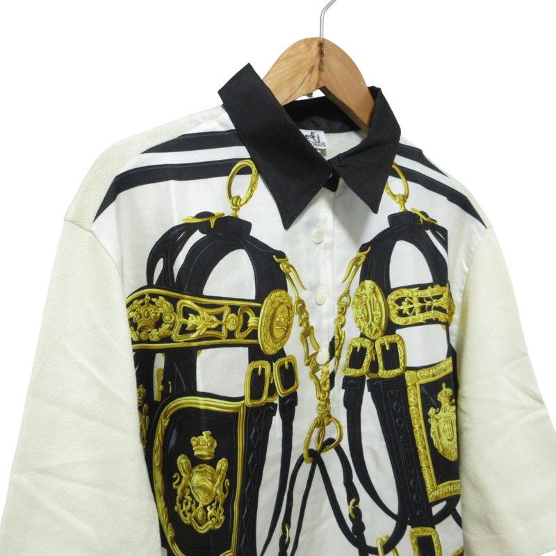 Cleaned Hermes Brides DE GALA Twill Raine Half Sleeve Polo Shirt L White Black