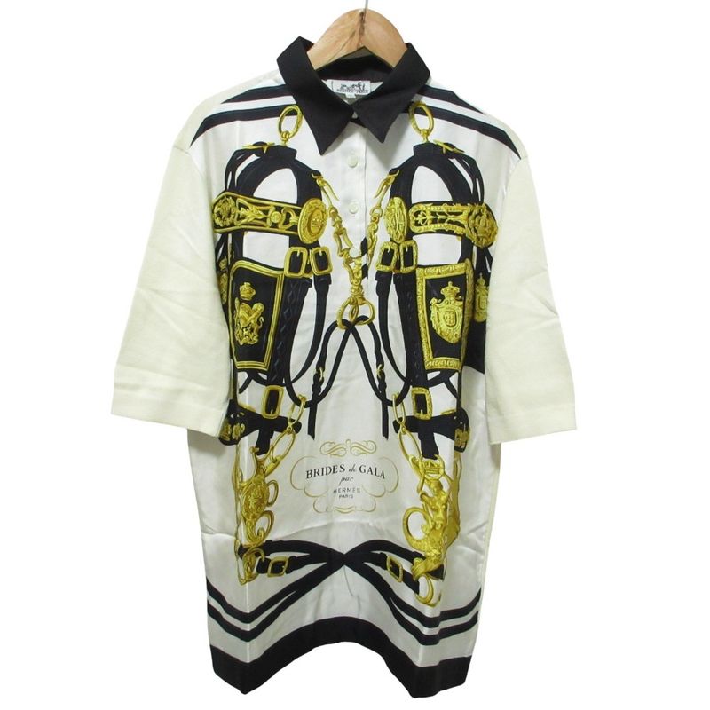 Cleaned Hermes Brides DE GALA Twill Raine Half Sleeve Polo Shirt L White Black