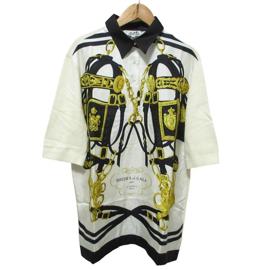 Cleaned Hermes Brides DE GALA Twill Raine Half Sleeve Polo Shirt L White Black