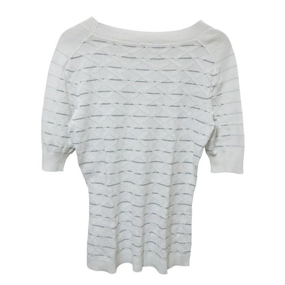 Cleaned Chanel Jacquard Check Half Sleeve Knit Sweater White Women's Preowned