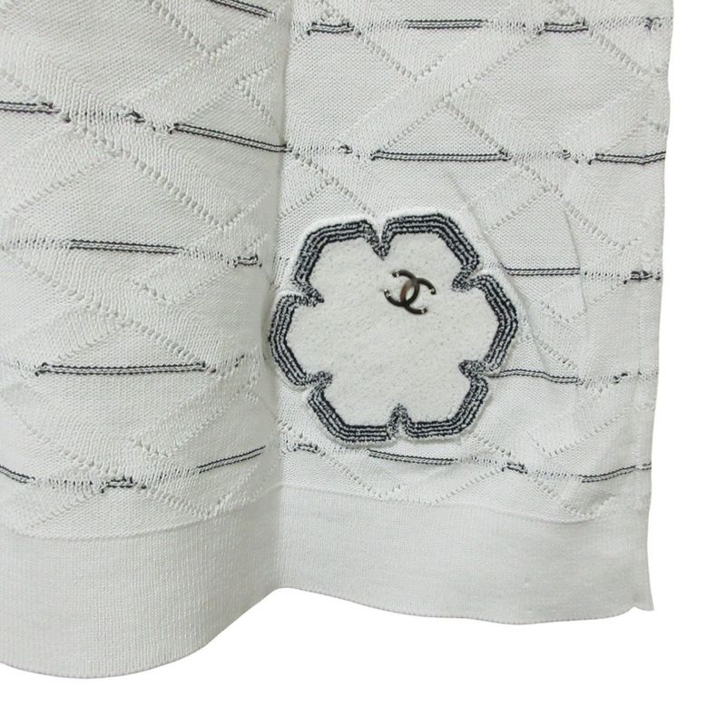 Cleaned Chanel Jacquard Check Half Sleeve Knit Sweater White Women's Preowned