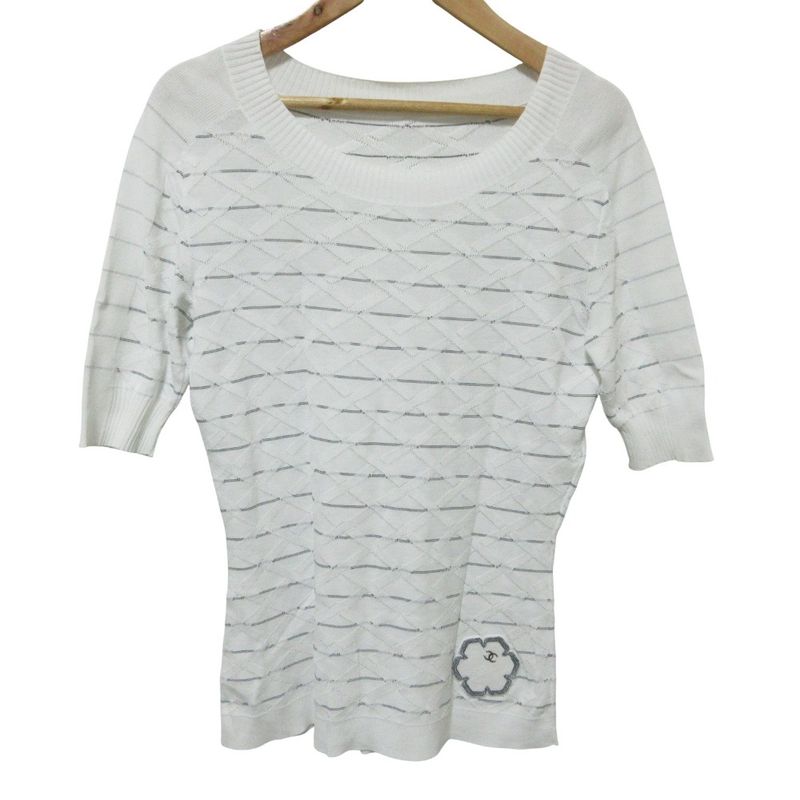 Cleaned Chanel Jacquard Check Half Sleeve Knit Sweater White Women's Preowned