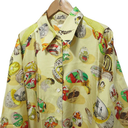 Cleaned Hermes Couveed'hermes Long Sleeve Silk Shirt Blouse 44 Cream Yellow