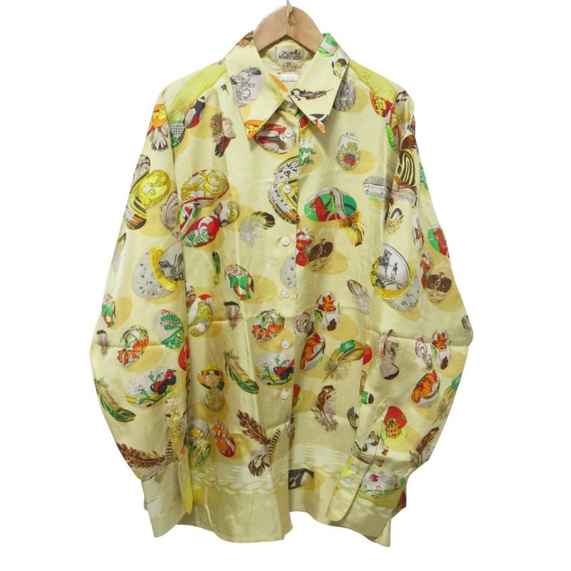 Cleaned Hermes Couveed'hermes Long Sleeve Silk Shirt Blouse 44 Cream Yellow