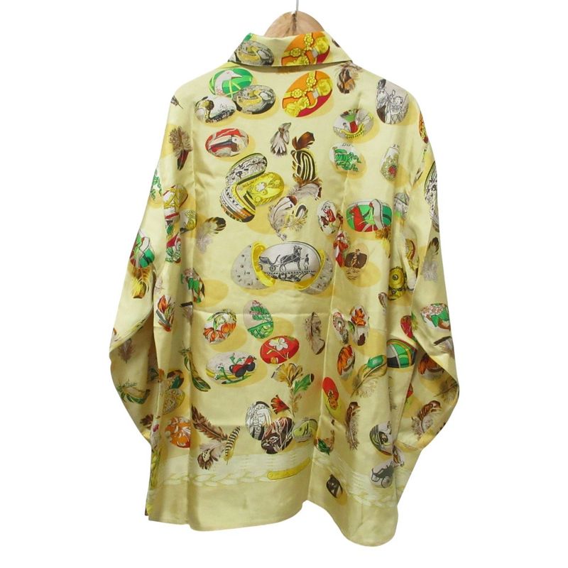 Cleaned Hermes Couveed'hermes Long Sleeve Silk Shirt Blouse 44 Cream Yellow
